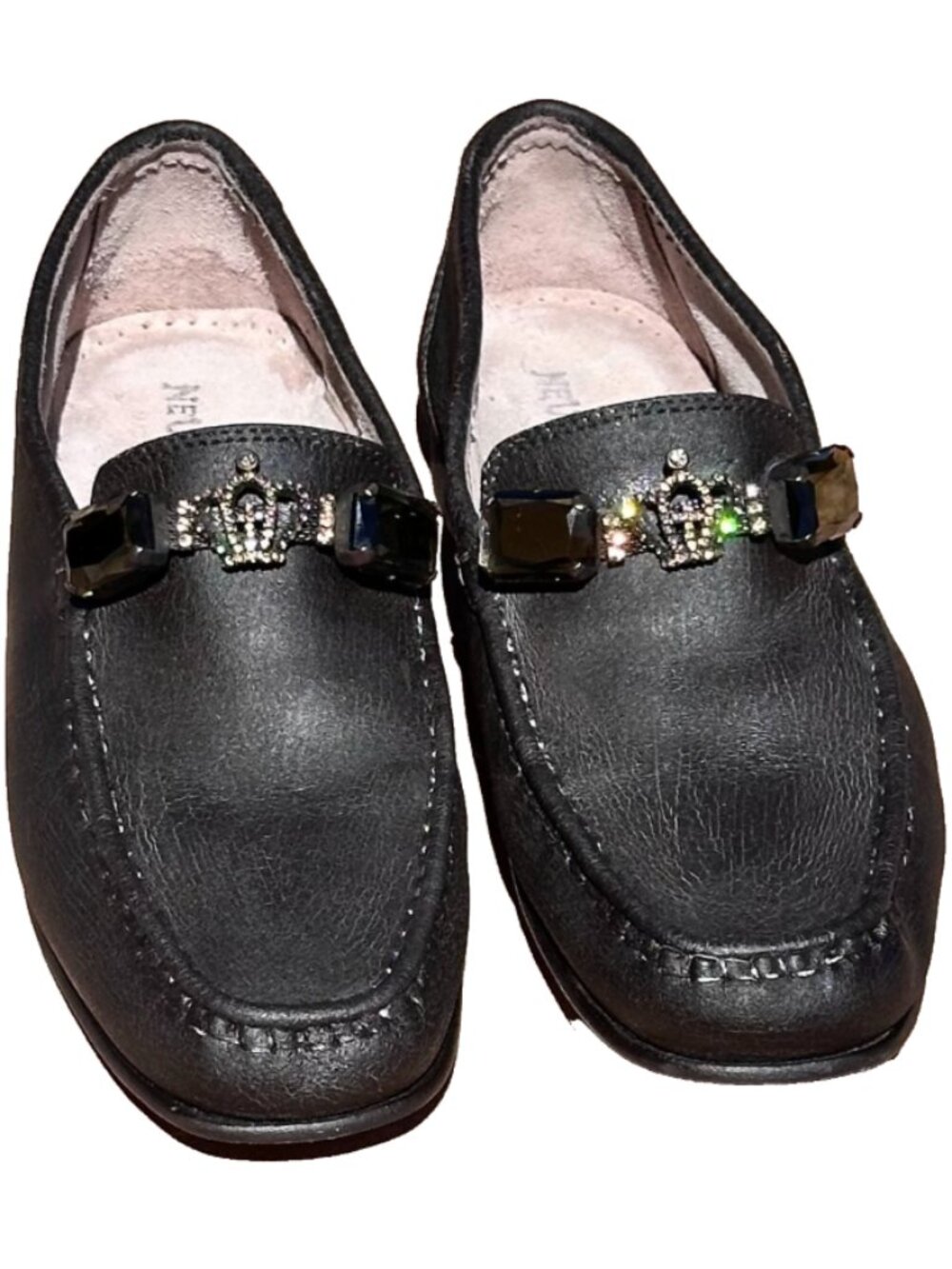 Italian Leather Crown Crystal Loafers Black Size 40 Vero Cuoio Embellished